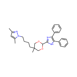 Cc1cc(C)n(CCCCC2(C)COC(c3nc(-c4ccccc4)c(-c4ccccc4)[nH]3)OC2)n1 ZINC000013755451