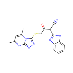 Cc1cc(C)n2c(SCC(=O)C(C#N)c3nc4ccccc4[nH]3)nnc2n1 ZINC000101967019