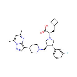 Cc1cc(C)n2ncc(C3CCN(C[C@H]4CN([C@H](CC5CCC5)C(=O)O)C[C@@H]4c4cccc(F)c4)CC3)c2n1 ZINC000095607695