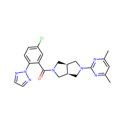 Cc1cc(C)nc(N2C[C@H]3CN(C(=O)c4cc(Cl)ccc4-n4nccn4)C[C@H]3C2)n1 ZINC000116828240