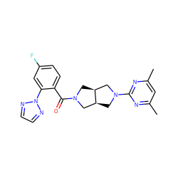 Cc1cc(C)nc(N2C[C@H]3CN(C(=O)c4ccc(F)cc4-n4nccn4)C[C@H]3C2)n1 ZINC000116827863