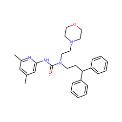 Cc1cc(C)nc(NC(=O)N(CCC(c2ccccc2)c2ccccc2)CCN2CCOCC2)c1 ZINC000096258242