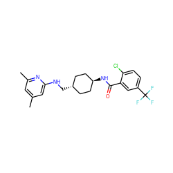 Cc1cc(C)nc(NC[C@H]2CC[C@H](NC(=O)c3cc(C(F)(F)F)ccc3Cl)CC2)c1 ZINC000261177404