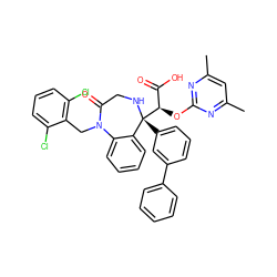 Cc1cc(C)nc(O[C@H](C(=O)O)[C@@]2(c3cccc(-c4ccccc4)c3)NCC(=O)N(Cc3c(Cl)cccc3Cl)c3ccccc32)n1 ZINC000026668583