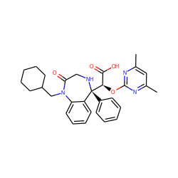 Cc1cc(C)nc(O[C@H](C(=O)O)[C@@]2(c3ccccc3)NCC(=O)N(CC3CCCCC3)c3ccccc32)n1 ZINC000013561037