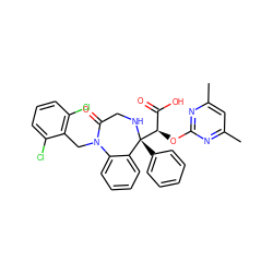 Cc1cc(C)nc(O[C@H](C(=O)O)[C@@]2(c3ccccc3)NCC(=O)N(Cc3c(Cl)cccc3Cl)c3ccccc32)n1 ZINC000003990943