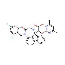 Cc1cc(C)nc(O[C@H](C(=O)O)[C@@]2(c3ccccc3)NCC(=O)N(Cc3c(F)cc(F)cc3F)c3ccccc32)n1 ZINC000101004593