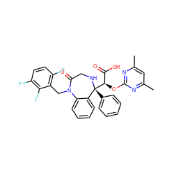 Cc1cc(C)nc(O[C@H](C(=O)O)[C@@]2(c3ccccc3)NCC(=O)N(Cc3c(F)ccc(F)c3F)c3ccccc32)n1 ZINC000003990942