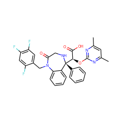 Cc1cc(C)nc(O[C@H](C(=O)O)[C@@]2(c3ccccc3)NCC(=O)N(Cc3cc(F)c(F)cc3F)c3ccccc32)n1 ZINC000026673566