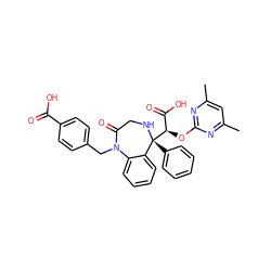 Cc1cc(C)nc(O[C@H](C(=O)O)[C@@]2(c3ccccc3)NCC(=O)N(Cc3ccc(C(=O)O)cc3)c3ccccc32)n1 ZINC000026666392