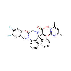 Cc1cc(C)nc(O[C@H](C(=O)O)[C@@]2(c3ccccc3)NCC(=O)N(Cc3ccc(F)c(F)c3)c3ccccc32)n1 ZINC000026663277