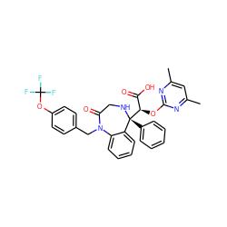 Cc1cc(C)nc(O[C@H](C(=O)O)[C@@]2(c3ccccc3)NCC(=O)N(Cc3ccc(OC(F)(F)F)cc3)c3ccccc32)n1 ZINC000026665871