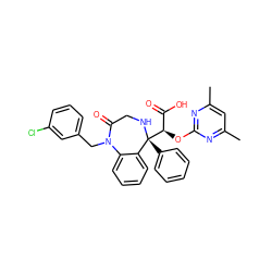 Cc1cc(C)nc(O[C@H](C(=O)O)[C@@]2(c3ccccc3)NCC(=O)N(Cc3cccc(Cl)c3)c3ccccc32)n1 ZINC000026670747