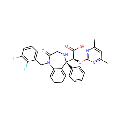 Cc1cc(C)nc(O[C@H](C(=O)O)[C@@]2(c3ccccc3)NCC(=O)N(Cc3cccc(F)c3F)c3ccccc32)n1 ZINC000026675249