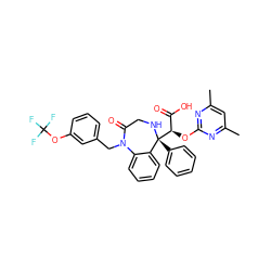 Cc1cc(C)nc(O[C@H](C(=O)O)[C@@]2(c3ccccc3)NCC(=O)N(Cc3cccc(OC(F)(F)F)c3)c3ccccc32)n1 ZINC000026670570