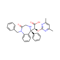 Cc1cc(C)nc(O[C@H](C(=O)O)[C@@]2(c3ccccc3)NCC(=O)N(Cc3ccccc3)c3ccccc32)n1 ZINC000013561045