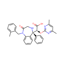 Cc1cc(C)nc(O[C@H](C(=O)O)[C@@]2(c3ccccc3)NCC(=O)N(Cc3ccccc3C)c3ccccc32)n1 ZINC000013561047