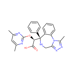 Cc1cc(C)nc(O[C@H](C(=O)O)[C@@]2(c3ccccc3)NCc3nnc(C)n3-c3ccccc32)n1 ZINC000013561033