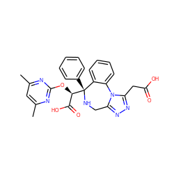 Cc1cc(C)nc(O[C@H](C(=O)O)[C@@]2(c3ccccc3)NCc3nnc(CC(=O)O)n3-c3ccccc32)n1 ZINC000013561032