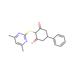 Cc1cc(C)nc(SC2C(=O)CC(c3ccccc3)CC2=O)n1 ZINC000299833487