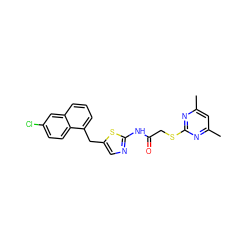 Cc1cc(C)nc(SCC(=O)Nc2ncc(Cc3cccc4cc(Cl)ccc34)s2)n1 ZINC000653708036