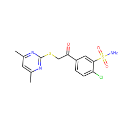 Cc1cc(C)nc(SCC(=O)c2ccc(Cl)c(S(N)(=O)=O)c2)n1 ZINC000084602494