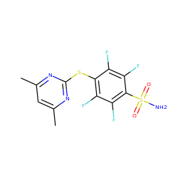 Cc1cc(C)nc(Sc2c(F)c(F)c(S(N)(=O)=O)c(F)c2F)n1 ZINC000095587440