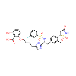 Cc1cc(C[C@@H](NS(=O)(=O)c2cccc(F)c2)c2ncc(CCCCOc3cccc(O)c3C(=O)O)[nH]2)ccc1[C@@H]1CC(=O)NS1(=O)=O ZINC000028978210