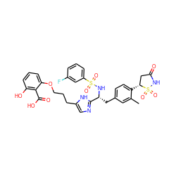 Cc1cc(C[C@@H](NS(=O)(=O)c2cccc(F)c2)c2ncc(CCCOc3cccc(O)c3C(=O)O)[nH]2)ccc1[C@@H]1CC(=O)NS1(=O)=O ZINC000028978141