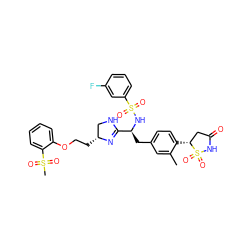 Cc1cc(C[C@H](NS(=O)(=O)c2cccc(F)c2)C2=N[C@H](CCOc3ccccc3S(C)(=O)=O)CN2)ccc1[C@@H]1CC(=O)NS1(=O)=O ZINC000049756049