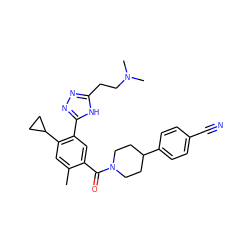 Cc1cc(C2CC2)c(-c2nnc(CCN(C)C)[nH]2)cc1C(=O)N1CCC(c2ccc(C#N)cc2)CC1 ZINC000150257064