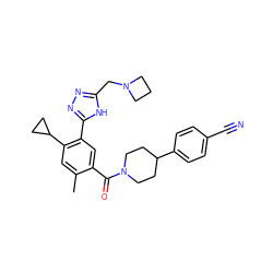 Cc1cc(C2CC2)c(-c2nnc(CN3CCC3)[nH]2)cc1C(=O)N1CCC(c2ccc(C#N)cc2)CC1 ZINC000150153617