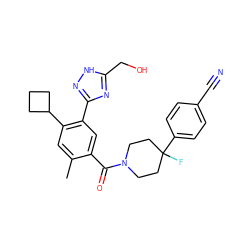 Cc1cc(C2CCC2)c(-c2n[nH]c(CO)n2)cc1C(=O)N1CCC(F)(c2ccc(C#N)cc2)CC1 ZINC000220775670