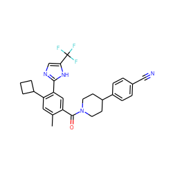 Cc1cc(C2CCC2)c(-c2ncc(C(F)(F)F)[nH]2)cc1C(=O)N1CCC(c2ccc(C#N)cc2)CC1 ZINC000150173693