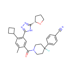 Cc1cc(C2CCC2)c(-c2nnc([C@@H]3CCCO3)[nH]2)cc1C(=O)N1CCC(F)(c2ccc(C#N)cc2)CC1 ZINC000149996398