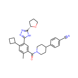 Cc1cc(C2CCC2)c(-c2nnc([C@@H]3CCCO3)[nH]2)cc1C(=O)N1CCC(c2ccc(C#N)cc2)CC1 ZINC000150238680