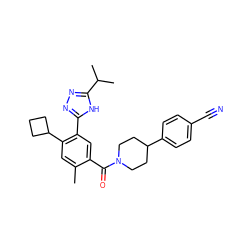 Cc1cc(C2CCC2)c(-c2nnc(C(C)C)[nH]2)cc1C(=O)N1CCC(c2ccc(C#N)cc2)CC1 ZINC000150255490