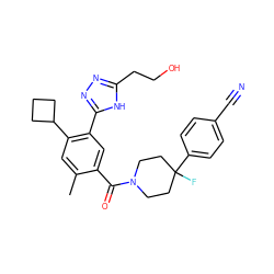 Cc1cc(C2CCC2)c(-c2nnc(CCO)[nH]2)cc1C(=O)N1CCC(F)(c2ccc(C#N)cc2)CC1 ZINC000149358787