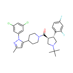 Cc1cc(C2CCN(C(=O)[C@@H]3CN(C(C)(C)C)C[C@H]3c3ccc(F)cc3F)CC2)n(-c2cc(Cl)cc(Cl)c2)n1 ZINC000084632107