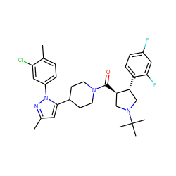 Cc1cc(C2CCN(C(=O)[C@@H]3CN(C(C)(C)C)C[C@H]3c3ccc(F)cc3F)CC2)n(-c2ccc(C)c(Cl)c2)n1 ZINC000084618025