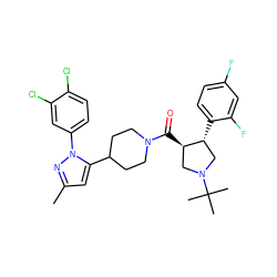 Cc1cc(C2CCN(C(=O)[C@@H]3CN(C(C)(C)C)C[C@H]3c3ccc(F)cc3F)CC2)n(-c2ccc(Cl)c(Cl)c2)n1 ZINC000084632109