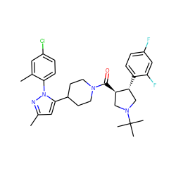 Cc1cc(C2CCN(C(=O)[C@@H]3CN(C(C)(C)C)C[C@H]3c3ccc(F)cc3F)CC2)n(-c2ccc(Cl)cc2C)n1 ZINC000084618022