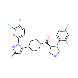 Cc1cc(C2CCN(C(=O)[C@@H]3CNC[C@H]3c3ccc(F)cc3F)CC2)n(-c2ccc(Cl)c(Cl)c2)n1 ZINC000084601970