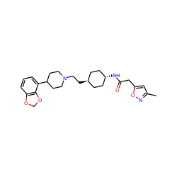 Cc1cc(CC(=O)N[C@H]2CC[C@H](CCN3CCC(c4cccc5c4OCO5)CC3)CC2)on1 ZINC000261178709