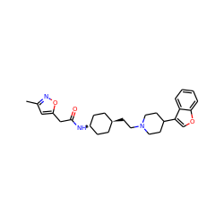 Cc1cc(CC(=O)N[C@H]2CC[C@H](CCN3CCC(c4coc5ccccc45)CC3)CC2)on1 ZINC000261133559