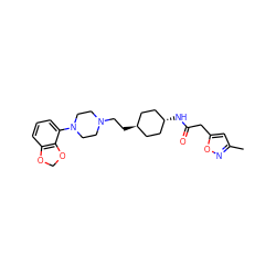 Cc1cc(CC(=O)N[C@H]2CC[C@H](CCN3CCN(c4cccc5c4OCO5)CC3)CC2)on1 ZINC000261085392