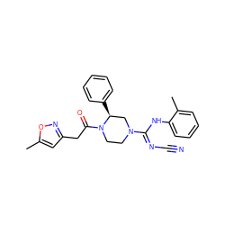 Cc1cc(CC(=O)N2CCN(/C(=N/C#N)Nc3ccccc3C)C[C@@H]2c2ccccc2)no1 ZINC000029129096