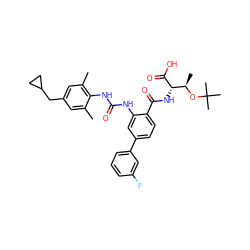 Cc1cc(CC2CC2)cc(C)c1NC(=O)Nc1cc(-c2cccc(F)c2)ccc1C(=O)N[C@H](C(=O)O)[C@@H](C)OC(C)(C)C ZINC000044386455