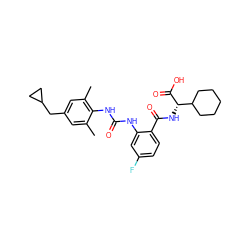 Cc1cc(CC2CC2)cc(C)c1NC(=O)Nc1cc(F)ccc1C(=O)N[C@H](C(=O)O)C1CCCCC1 ZINC000040407323