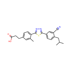 Cc1cc(CCC(=O)O)ccc1-c1nnc(-c2ccc(CC(C)C)c(C#N)c2)s1 ZINC000038147478